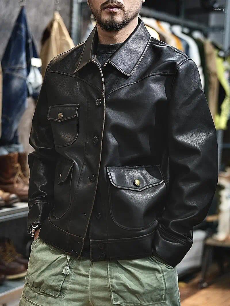Men's Jackets American Retro Leather Jacket Loose Button Open Cardigan Premium Lapel Motorcycle PU Flight Vintage Autumn