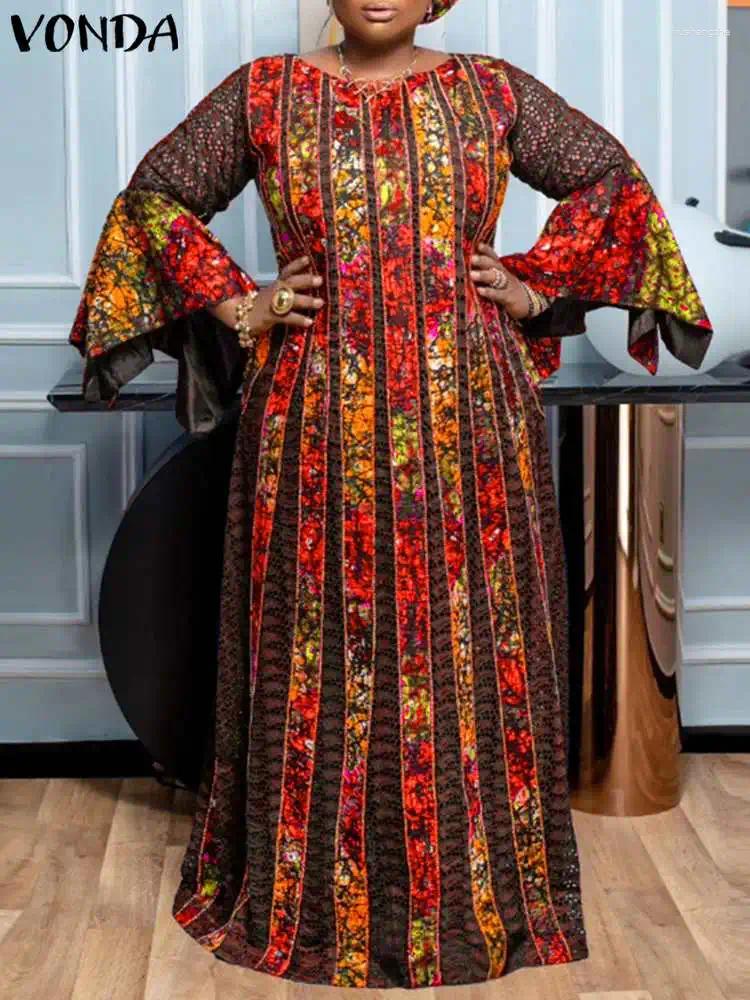 Casual Dresses VONDA Women Summer Party Maxi Dress 2024 Spring Long Flare Sleeve Oversized Vintage Printed Sundress Robe Femme