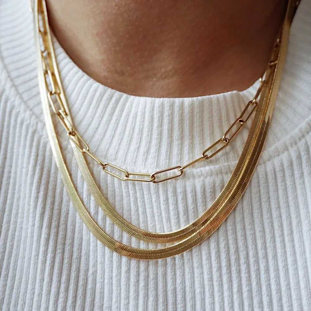 E.B.belle Stainl Steel 18K Gold Plated Short Herringbone Chain Choker Necklaces For Women Minimalist Gold Chain NecklaceX241123