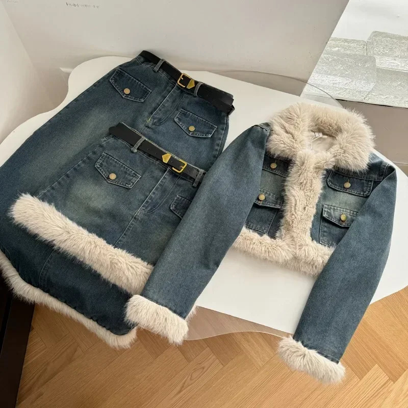Korean Fashion Women Two Piece Sets Denim Outfits Fur Splicing Turn Down Collar Long Sleeve Jacket A Line Mini Skirt 241121