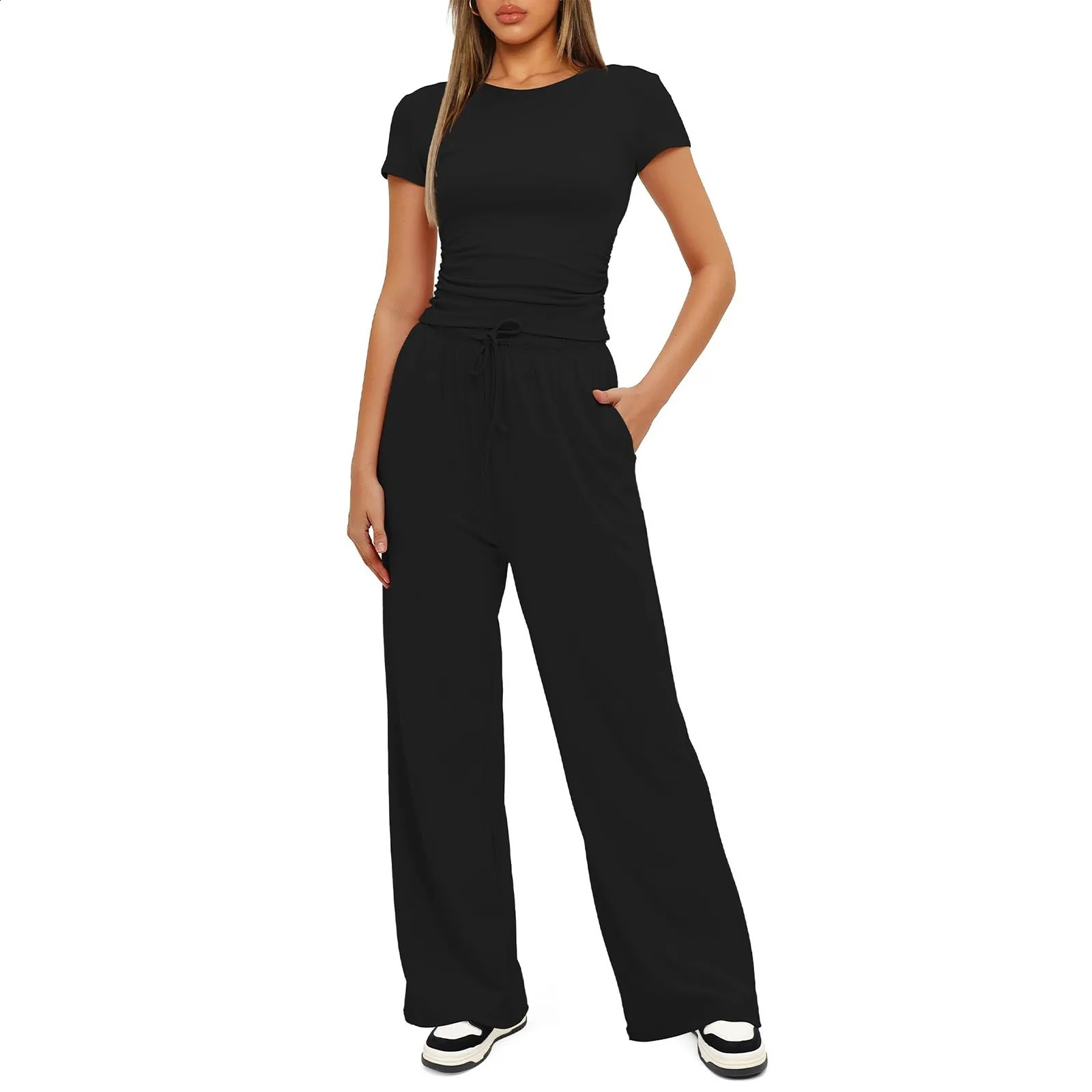 Womens 2 Piece Outfits Lounge Sets Ruched Short Sleeve Tops and High Waisted Wide Leg Pants Tracksuit 240418