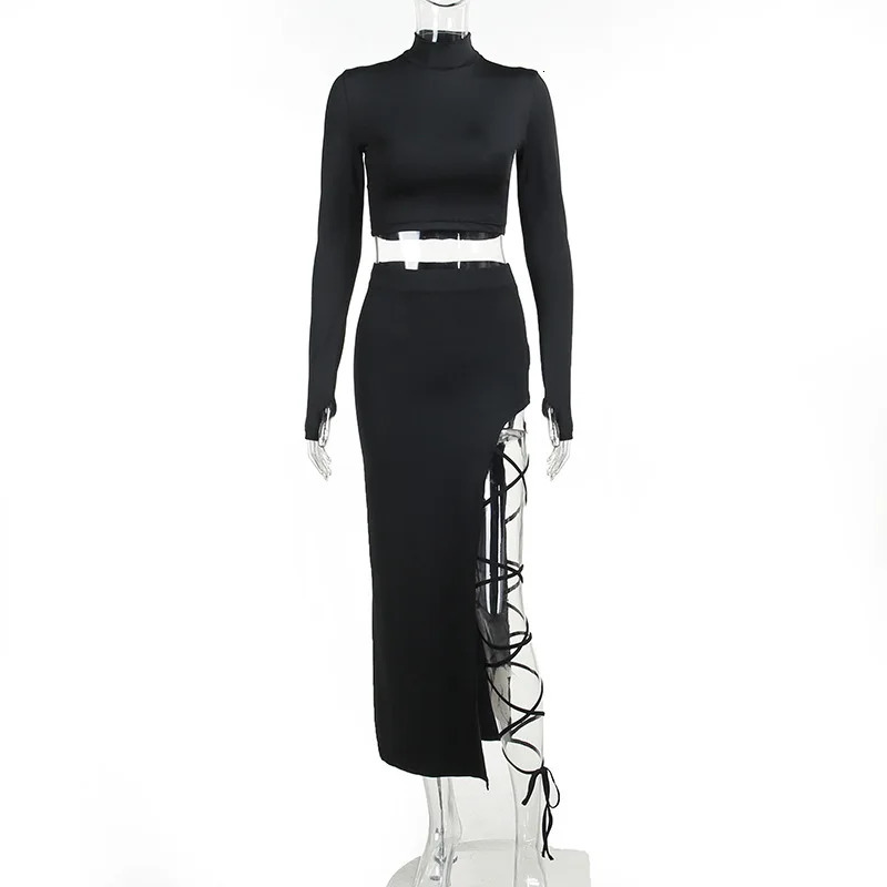 Summer Fashionable Two Piece Dress Set Long Sleeved Split Skirt Suit For Women Hollow Out Skinny Elegant Dresses 240423