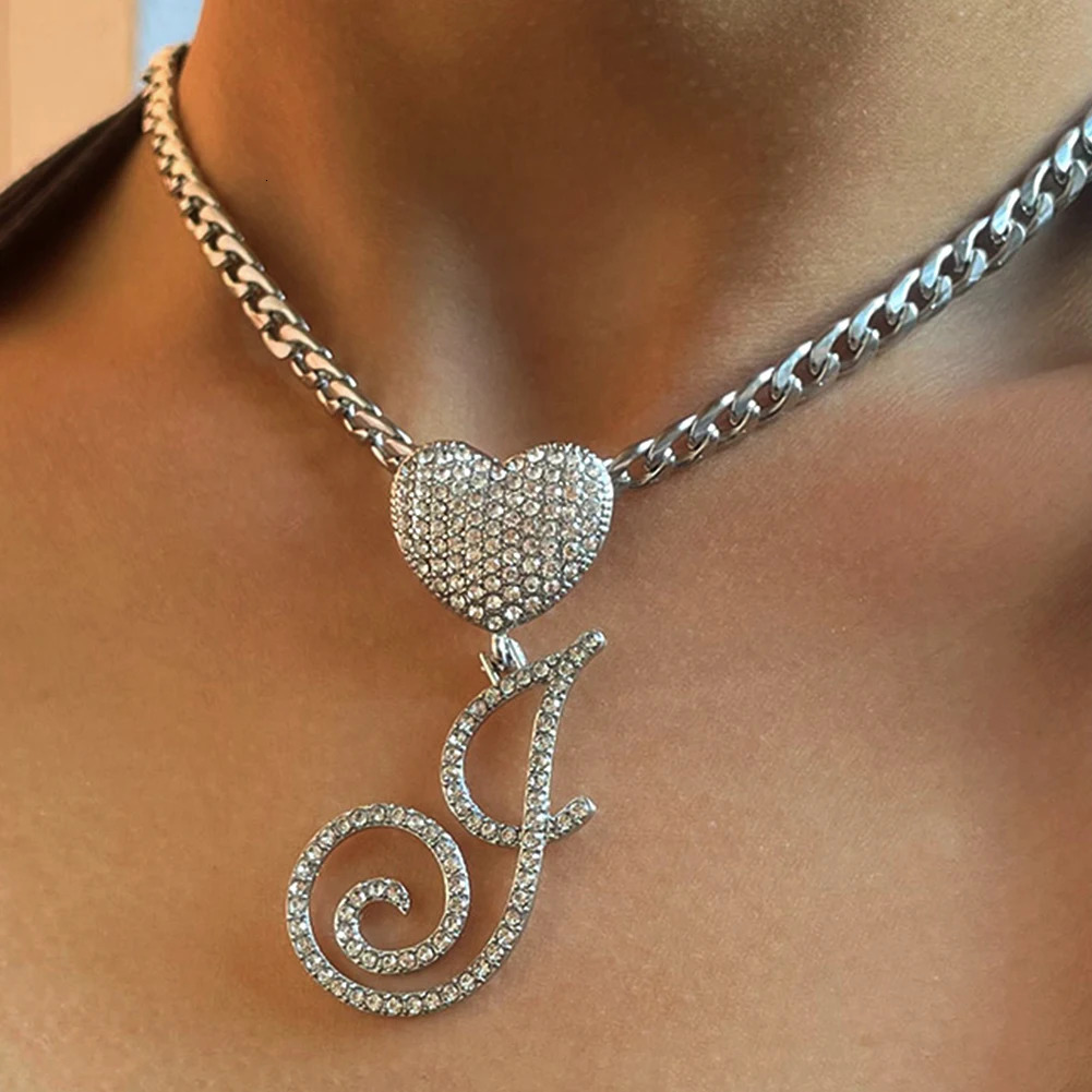 AZ Cursive Letter Heart Pendant Iced Out Cuban Necklace For Women Initial Zircon Link Chain Choker Hip hop Jewelry 241122
