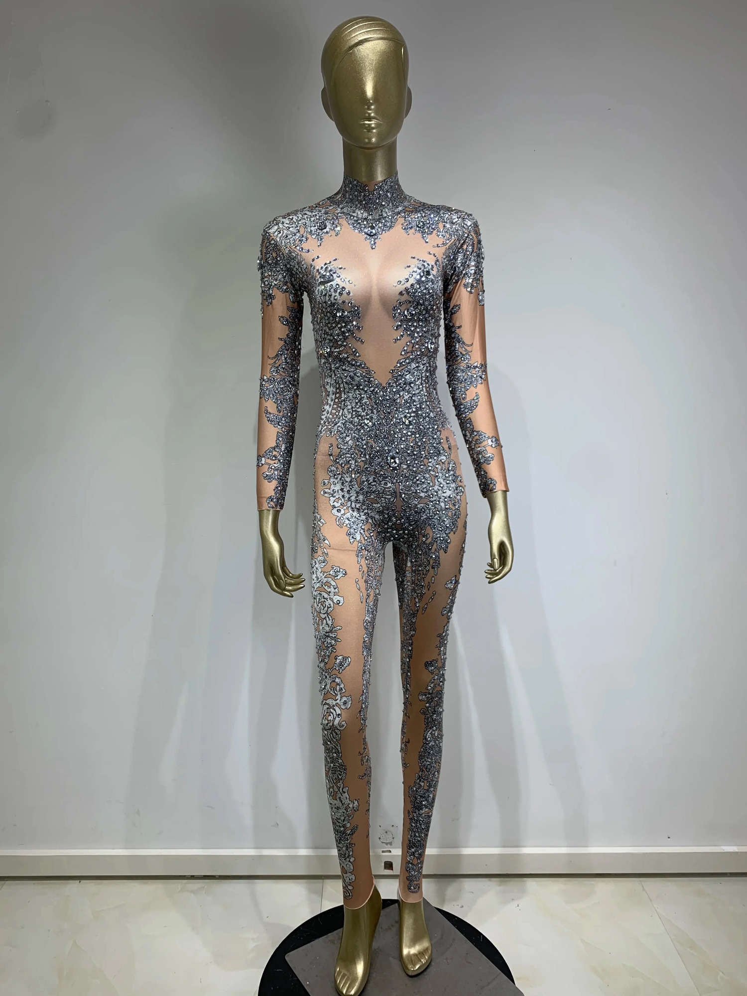 Stock Halloween Women Long Sleeve Rhinestone Sequins Jumpsuit Birthday Party Costume Bar Nightclub Stage Performance Rompers 241121