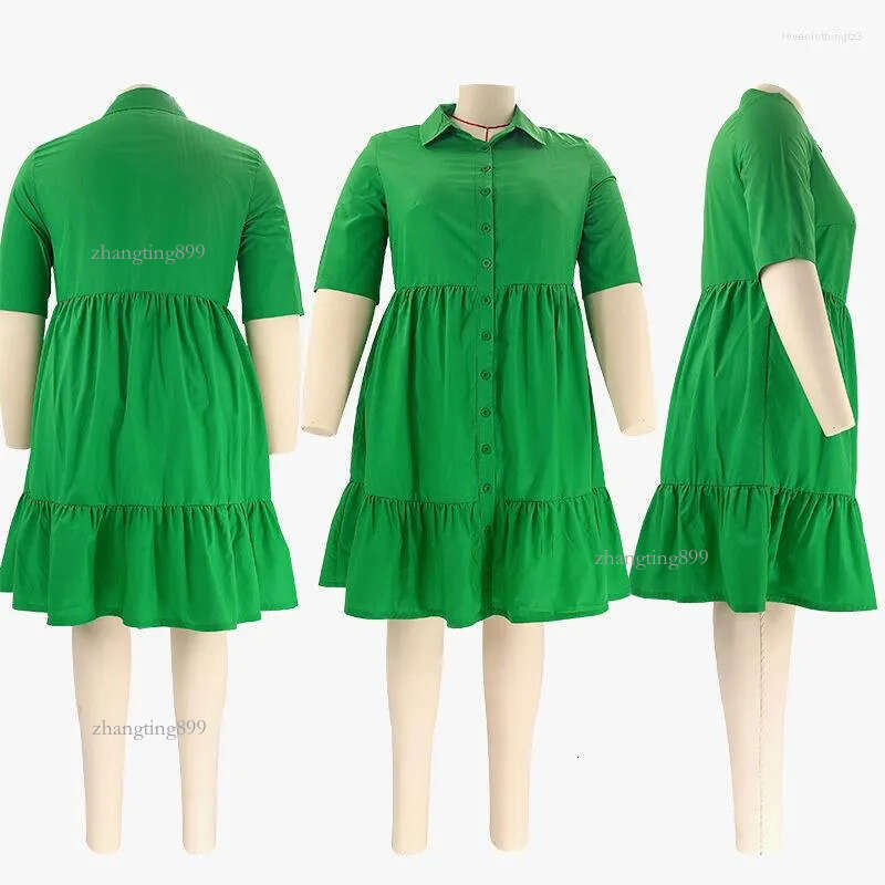 Plus Size Dresses CM. Women Short Sleeve Single Breasted Ruffles Hem Big Swing Smock Shirt Dress 2023 Summer Elegant Orange