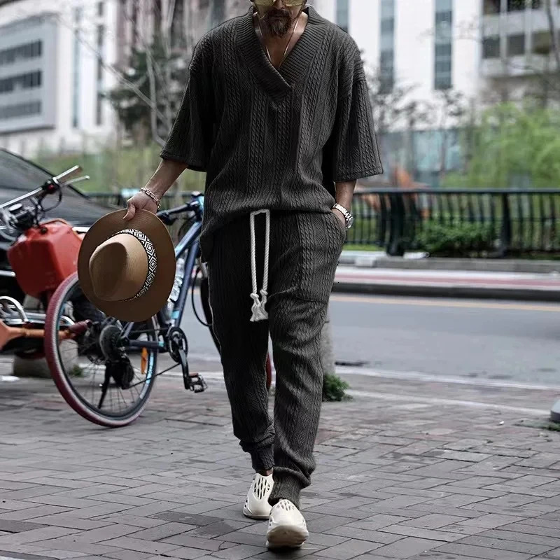 Men Knit Suit VNeck Short Sleeve Tops And Pants Slim Fit Two Piece Set Fashion Streetwear Casual Solid Jacquard Sweater Outfits 240415