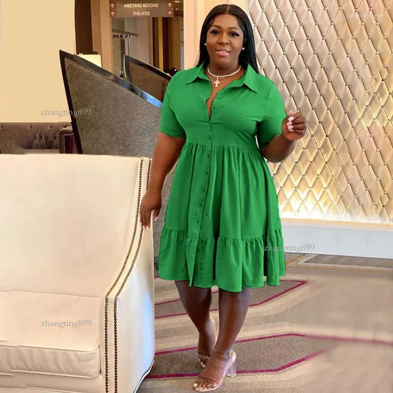 Plus Size Dresses CM. Women Short Sleeve Single Breasted Ruffles Hem Big Swing Smock Shirt Dress 2023 Summer Elegant Orange