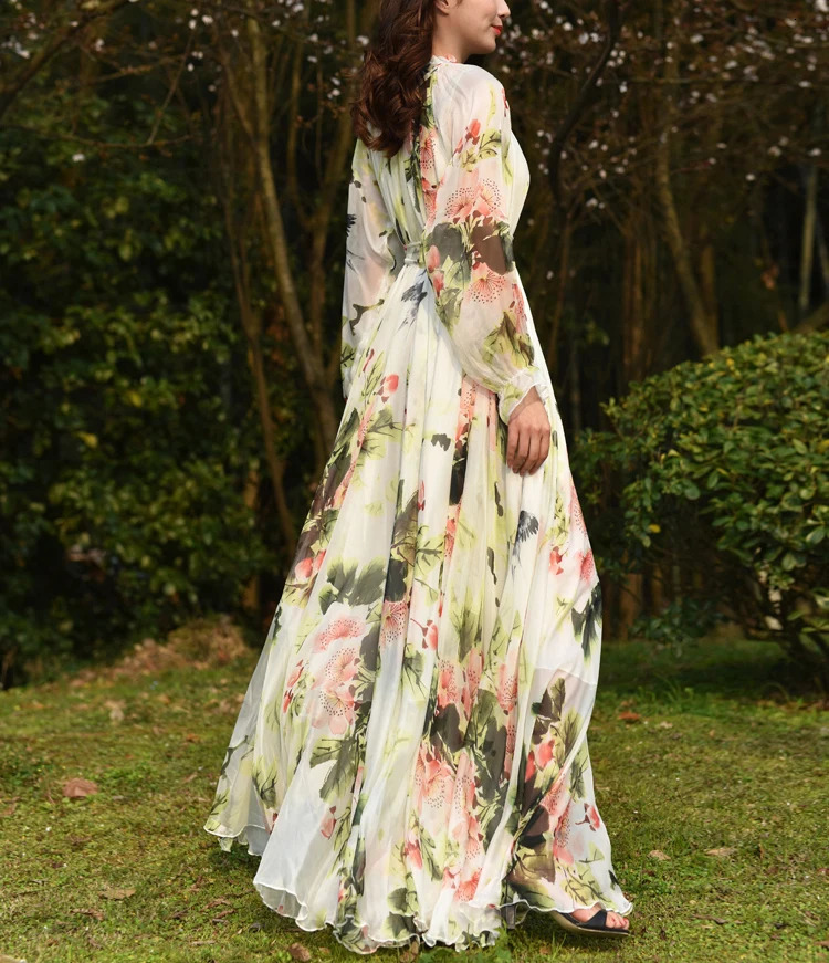 Floral Printed Maxi Dress Womens Sundress Abaya Dubai Hijab Chiffon Muslim Dresses African Turkey Islam Kaftan Robe 240422