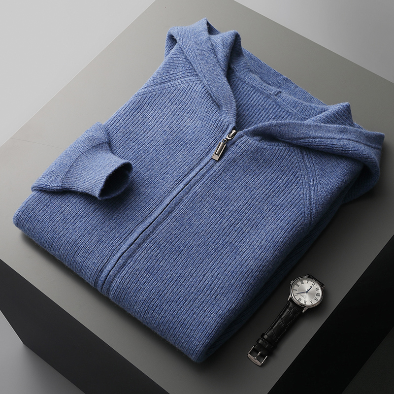 Autumn And Winter New Men's 100% Merino Wool Hooded Zipper Cardigan Knitted Coat Thick Sweater Casual Plus Size Warm Shirt