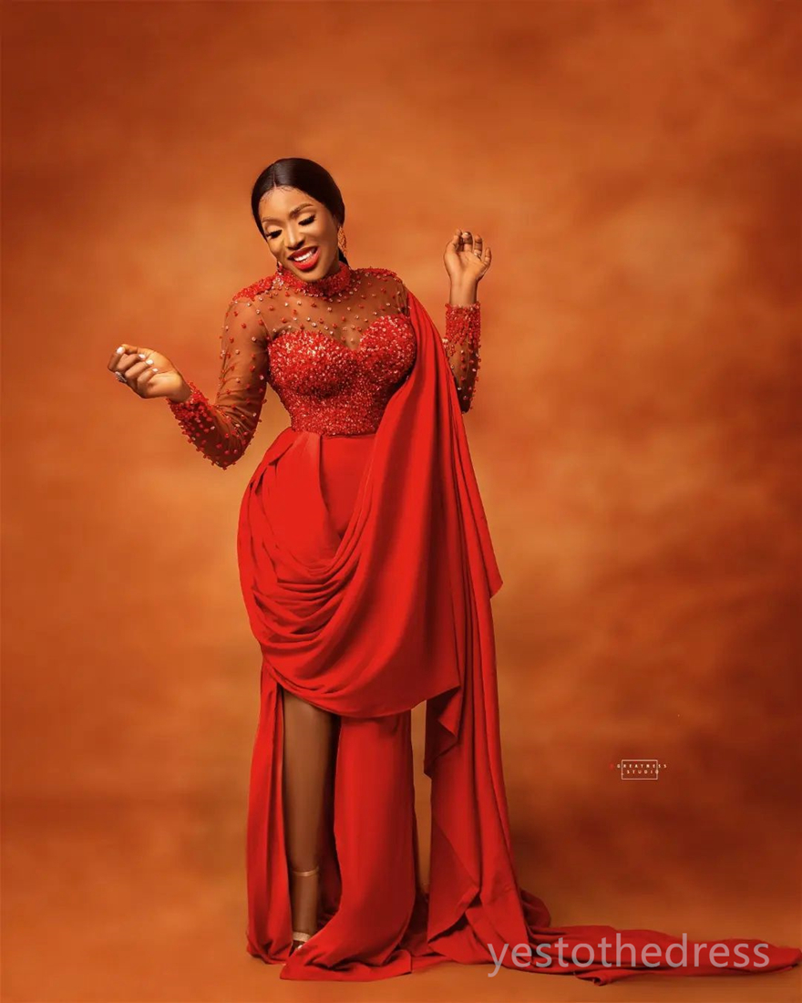 R&W 2024 Plus Size Aso Ebi Prom Dresses for Black Women Promdress High Neck Illusion Long Sleeves Side Split Beaded Birthday Party Dress Second Recept