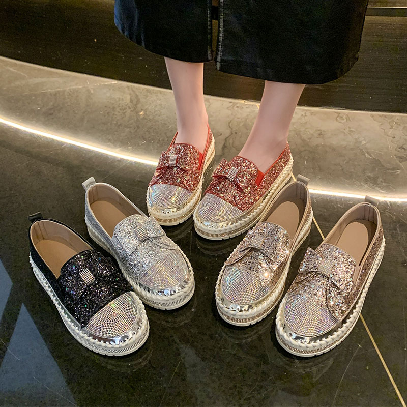 Luxury Designer Shoes Ladies Flat Sequined Sneakers Casual Women's Mesh bow Fine Diamond Sequins Platform Vulcanized Shoes High quality flat shoe