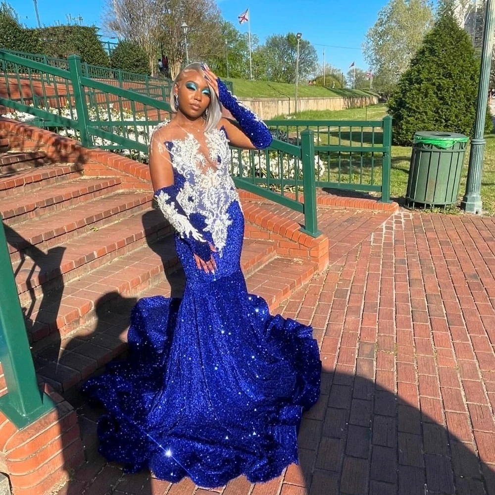 Sparkly Royal Blue Sequins Prom Dresses For Black Girls With Sier Crystals Rhies Beaded Birthday Party Gala Gowns 0219