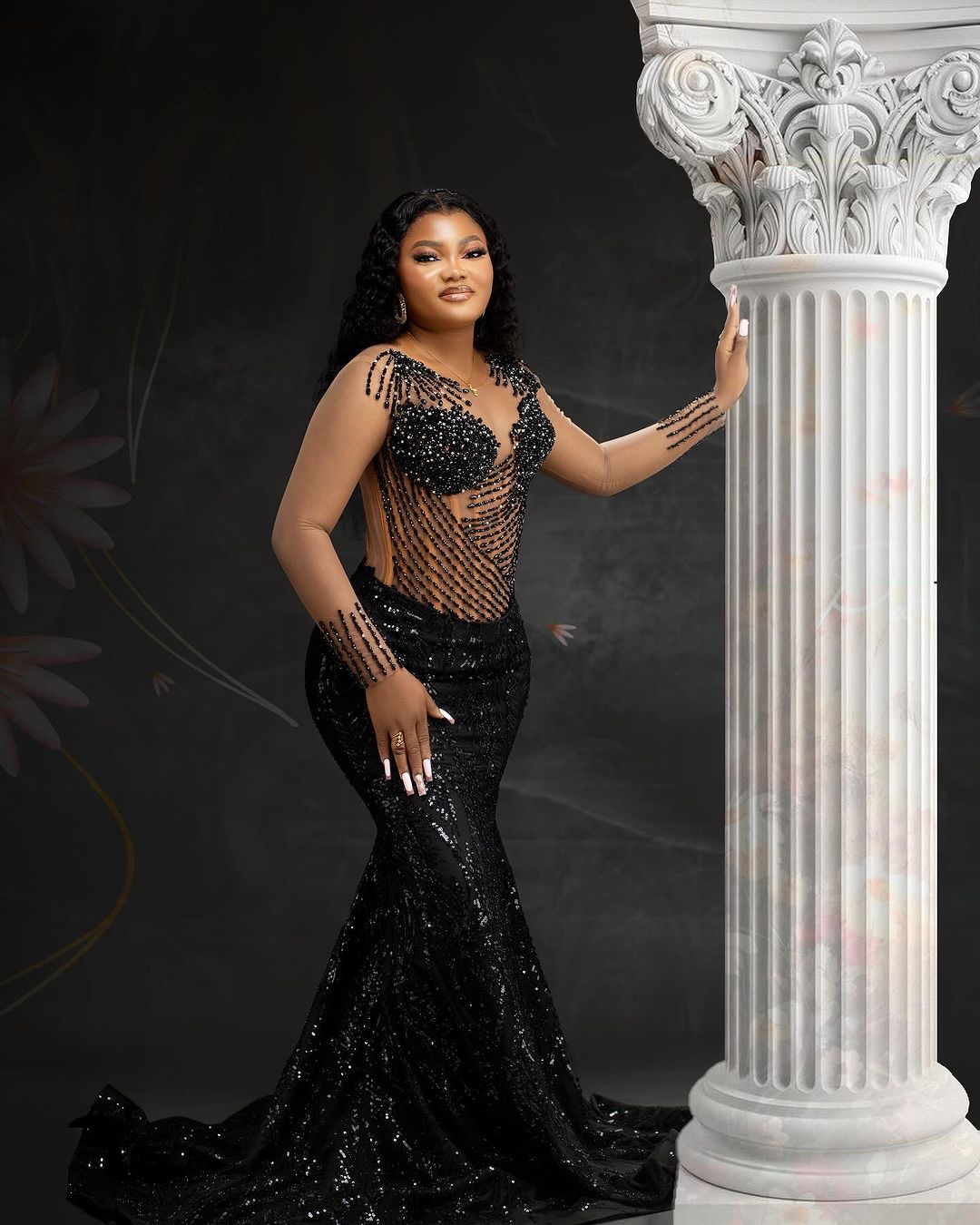 Black Illusion Mermaid Prom Dresses 2024 Beaded Rhinestones Full Sleeves Evening Formal Party Second Birthday Engagement Gowns Dress Plus Size