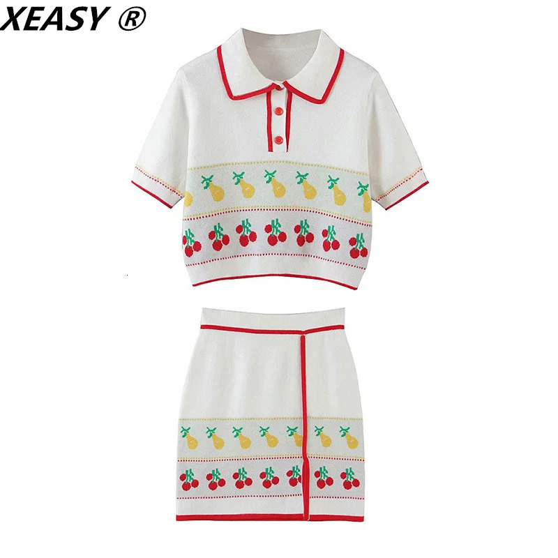 XEASY Women Suit Summer Fashion Knitting Cherry Short Sleeve Top Vintage Female High Waist Split Fork Skirt 2Piece Set 240423