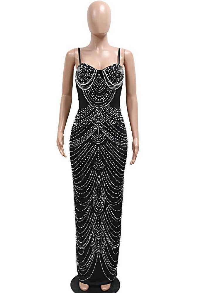 Beyprern Beautif Gold Bead Body Dress Sparkling Pearl Rhine Long Dress Birthday Party Dress New Year Dress M241123