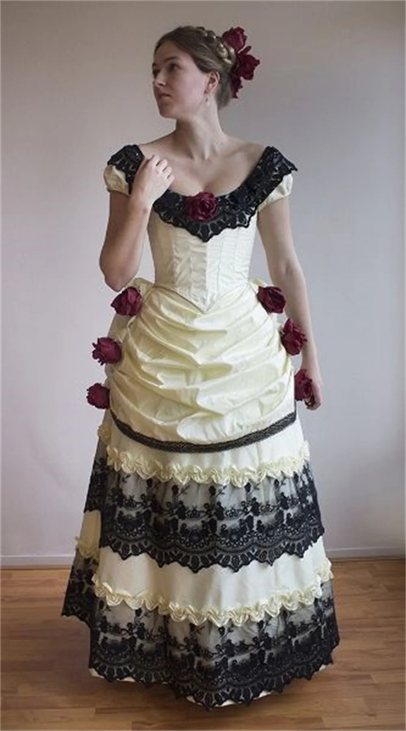 Vintage Victorian Bustle Prom Dresses Dark Ivory And Black Ruched Long Special Occasion Gown Lace Off Shoulder Historical Masquerade Dress For Women