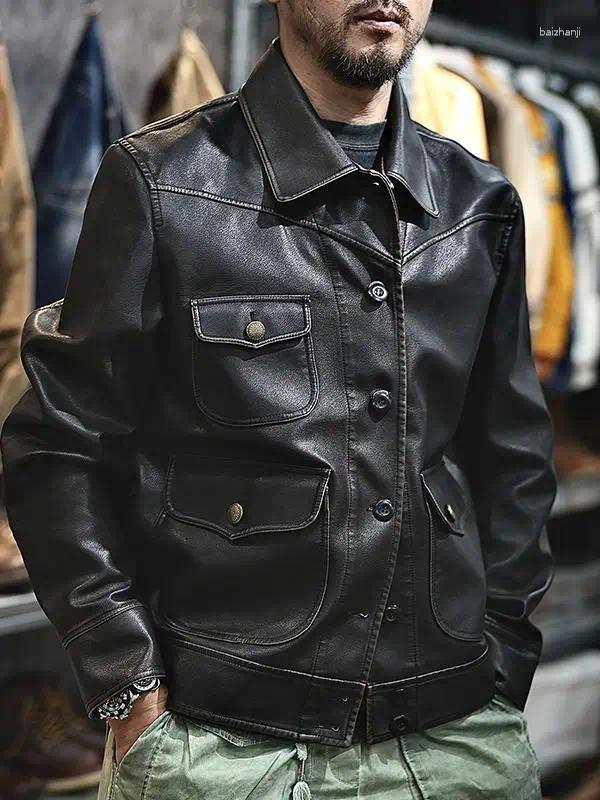 Men's Jackets American Retro Leather Jacket Loose Button Open Cardigan Premium Lapel Motorcycle PU Flight Vintage Autumn