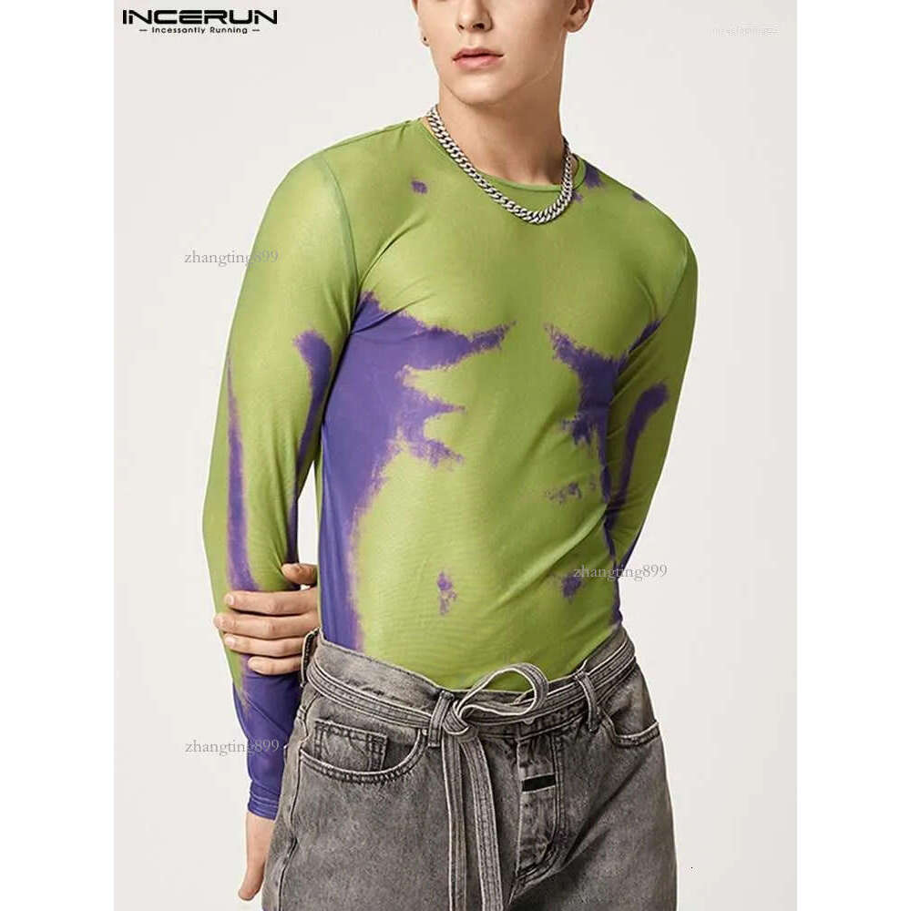 Men's T Shirts 2022 Fashion Men Shirt Printing O-neck Long Sleeve Mesh Transparent Streetwear Casual Camisetas Sexy Undershirt