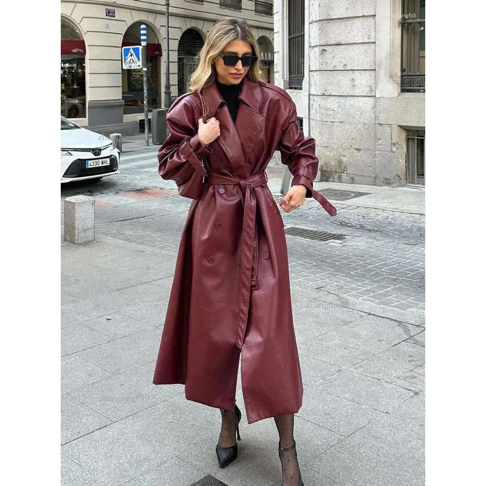 Women's Trench Coats 2024 Chic Burgundy Lace Up Oversized Leather Long Elegant Double Breasted Luxury Solid Jackets Lady Outerwear