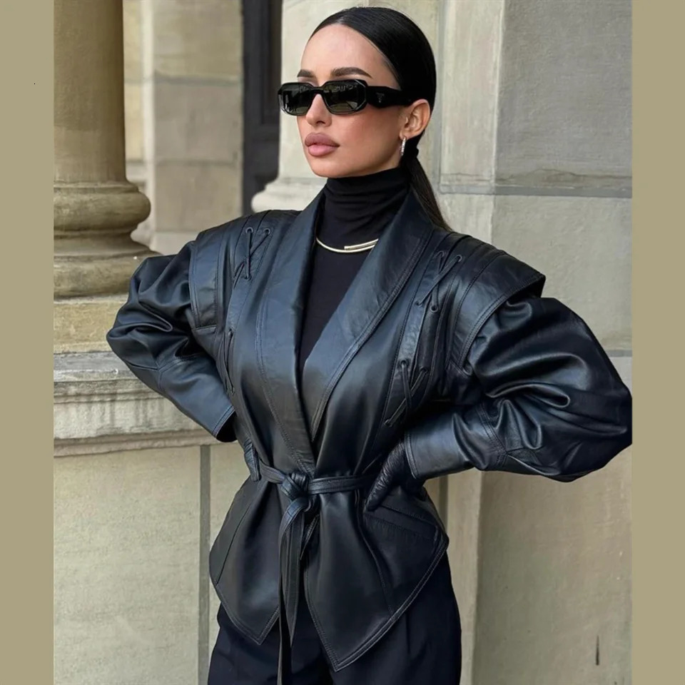 PB ZA autumn womens clothing irregular n with belt temperament waist cinched leather jacket PU short top 241121