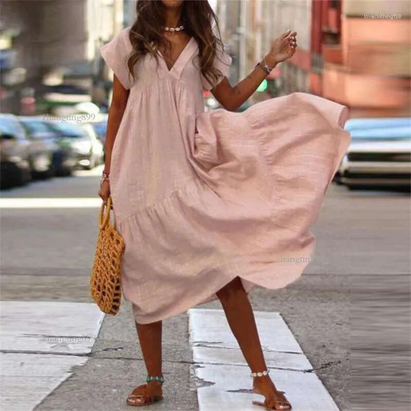 Casual Dresses Large Size Loose V Neck Pullover Cotton Linen Female Summer Short Sleeve Splicing Big Hem Dressy Women Solid Color Gown