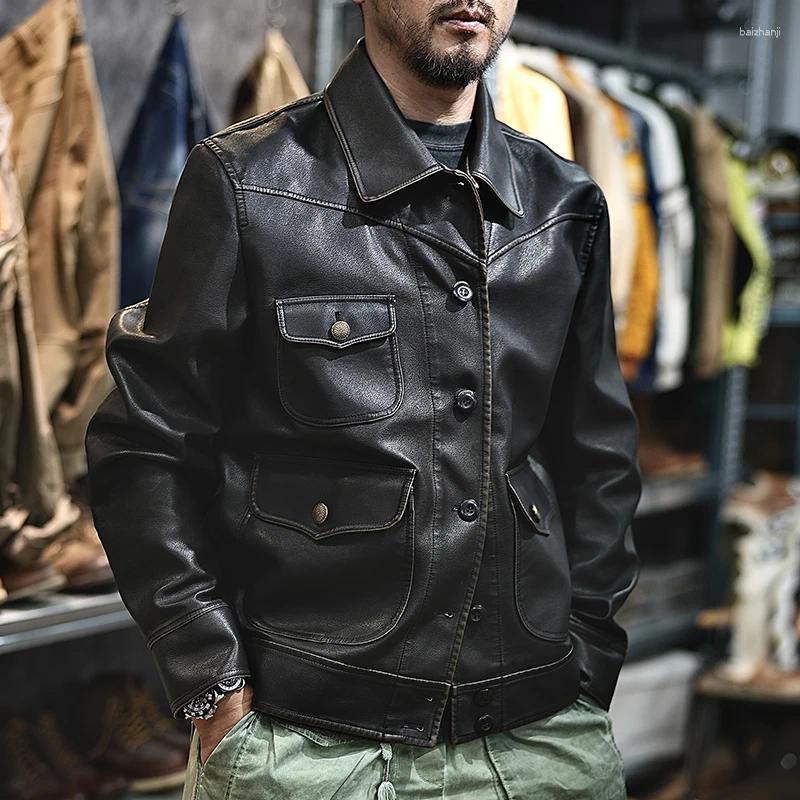 Men's Jackets American Retro Leather Jacket Loose Button Open Cardigan Premium Lapel Motorcycle PU Flight Vintage Autumn