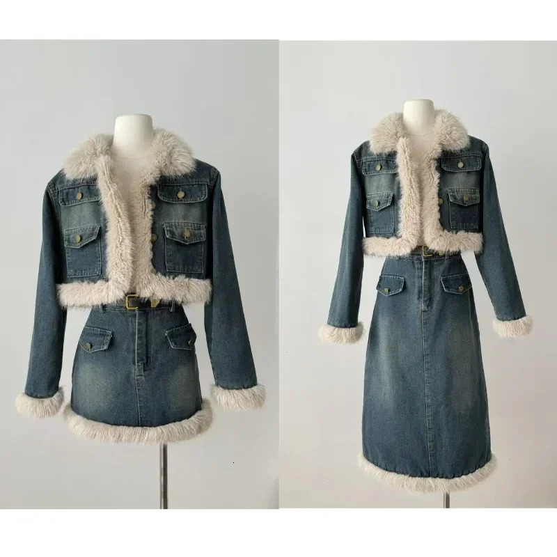 Korean Fashion Women Two Piece Sets Denim Outfits Fur Splicing Turn Down Collar Long Sleeve Jacket A Line Mini Skirt 241121