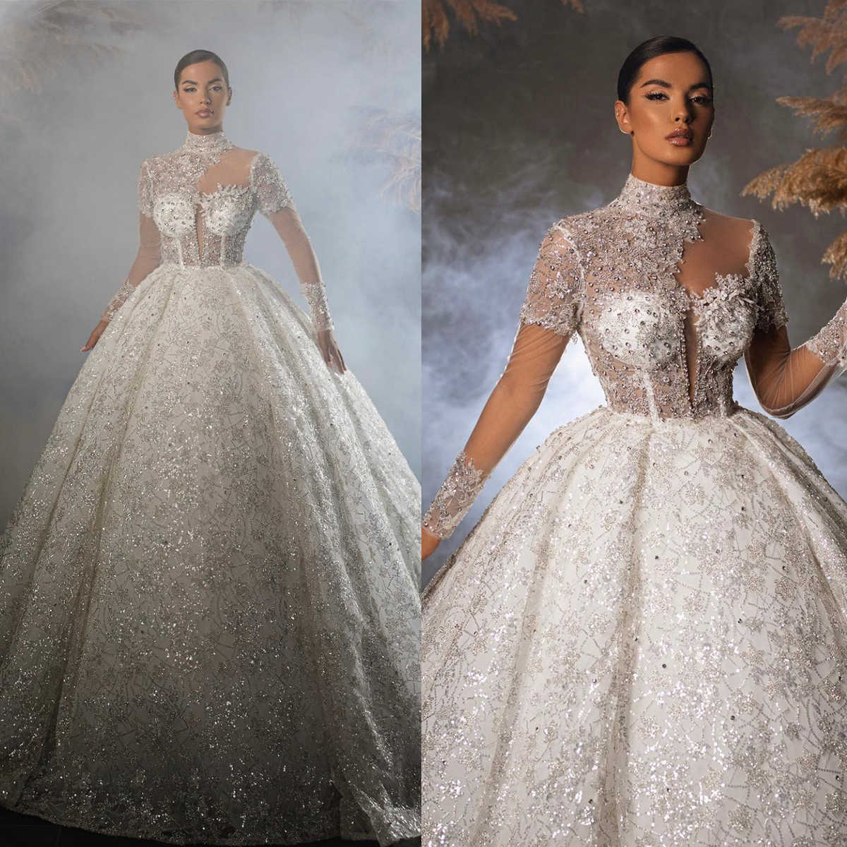 Vintage A-Line Women Wedding Dress High Collar Long Sleeves Bridal Gowns Sequins Crystal Sweep Train Dress Custom Made