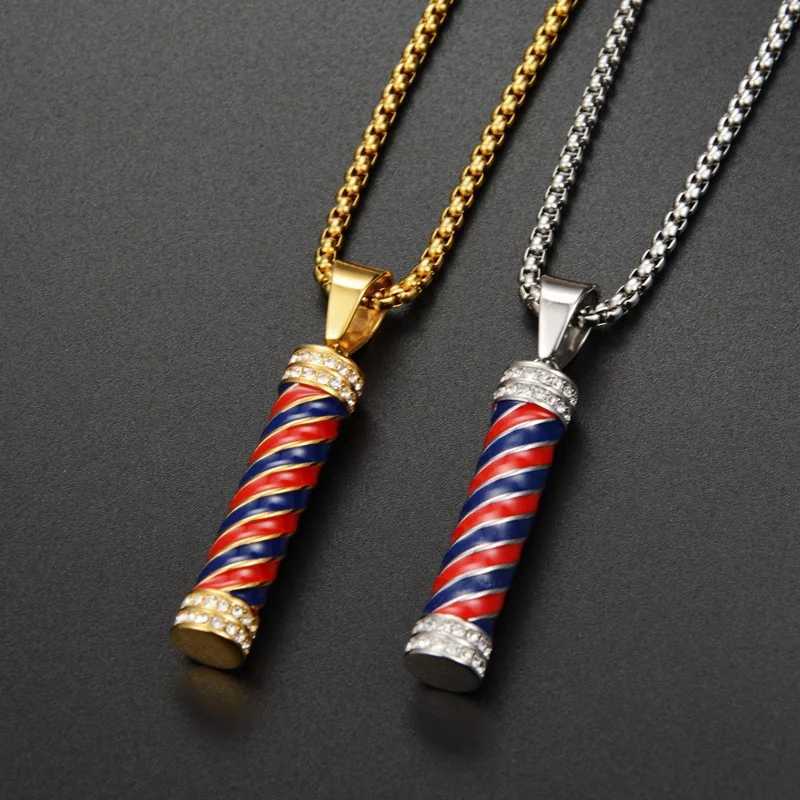 Hiphop Iced Out Barber Pole Lamp Pendant Necklaces For Men Male Gold Color Stainless Steel Chains Mens Hip Hop Jewelry GiftXJ241123