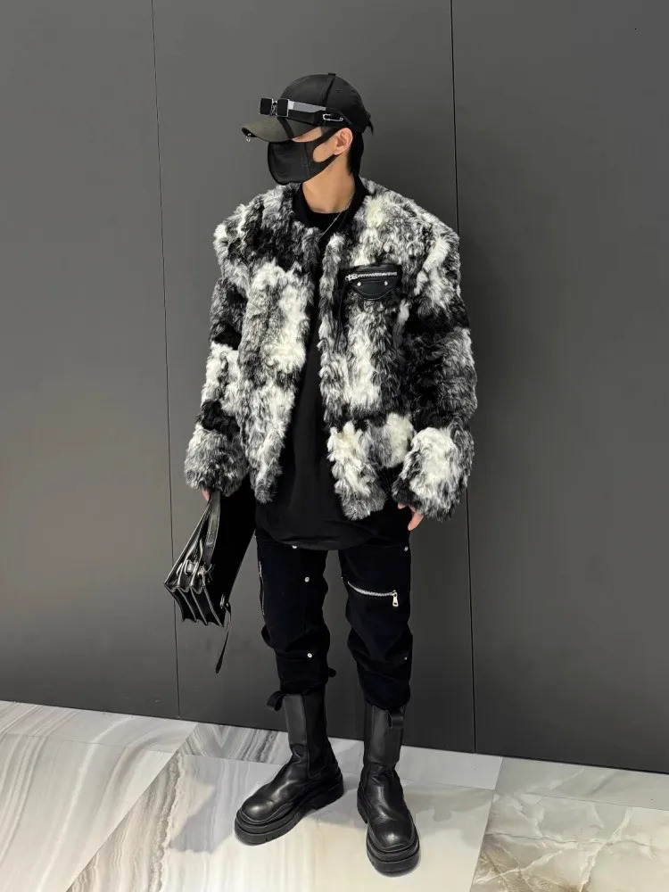 Fashionable mens winter warm padded fur leather jacket with retro print loose fit suitable for parties Donnie jacket patch work pocket bomber jacket 2