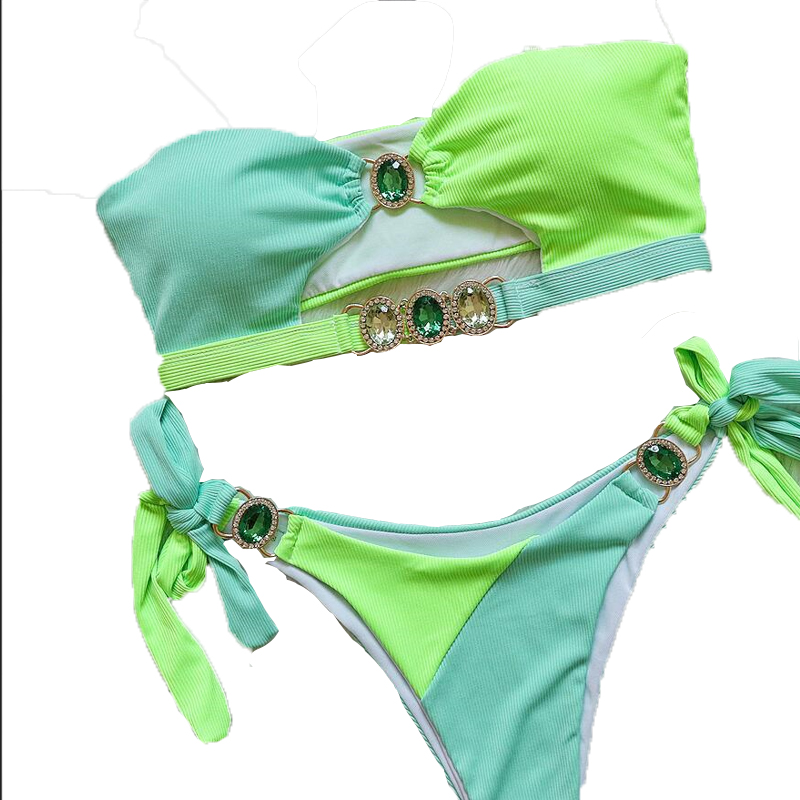 bikini swimsuit bikini swimwear bikinis swim suit Crystal Diamond Bikini Removable Padded Swimsuit Spliced Bandeau Strappy Two-piece Swimsuit