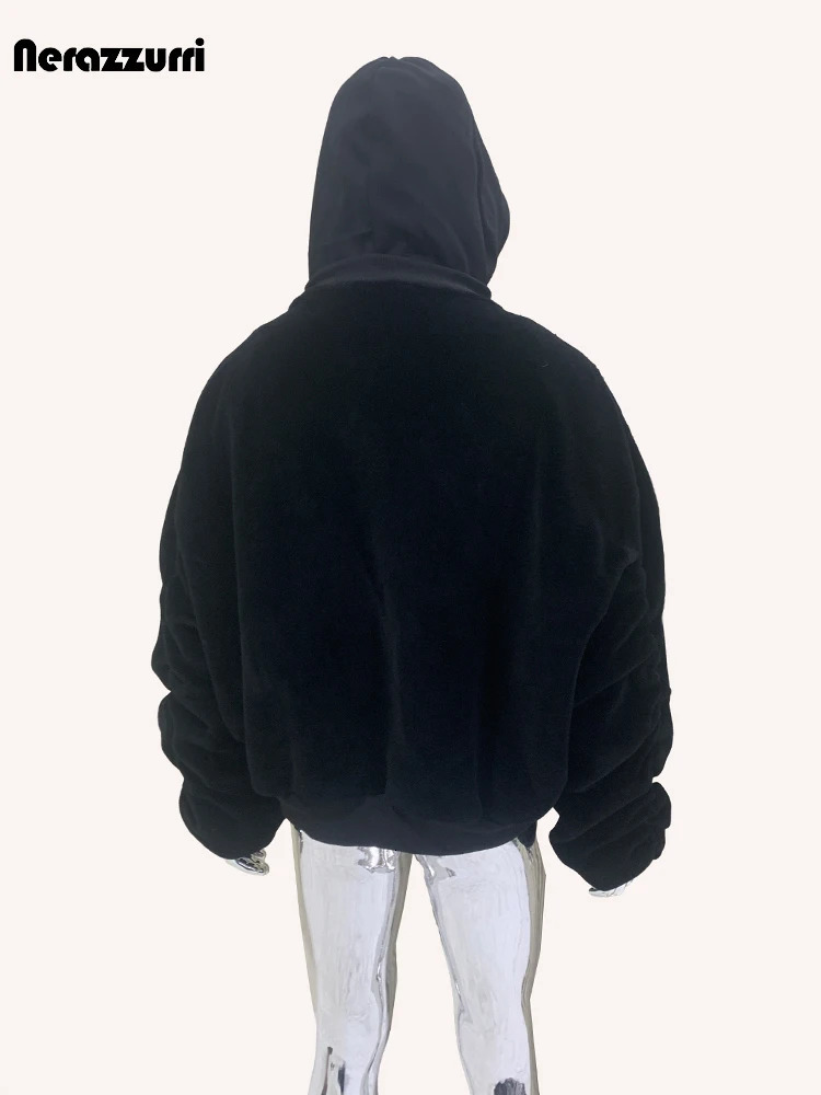 Nerazzurri Autumn Winter Cool Extra Thick Warm Black Fur Coat Mens 2-piece Clothing Hoodie Fluffy Armor Jacket 241122