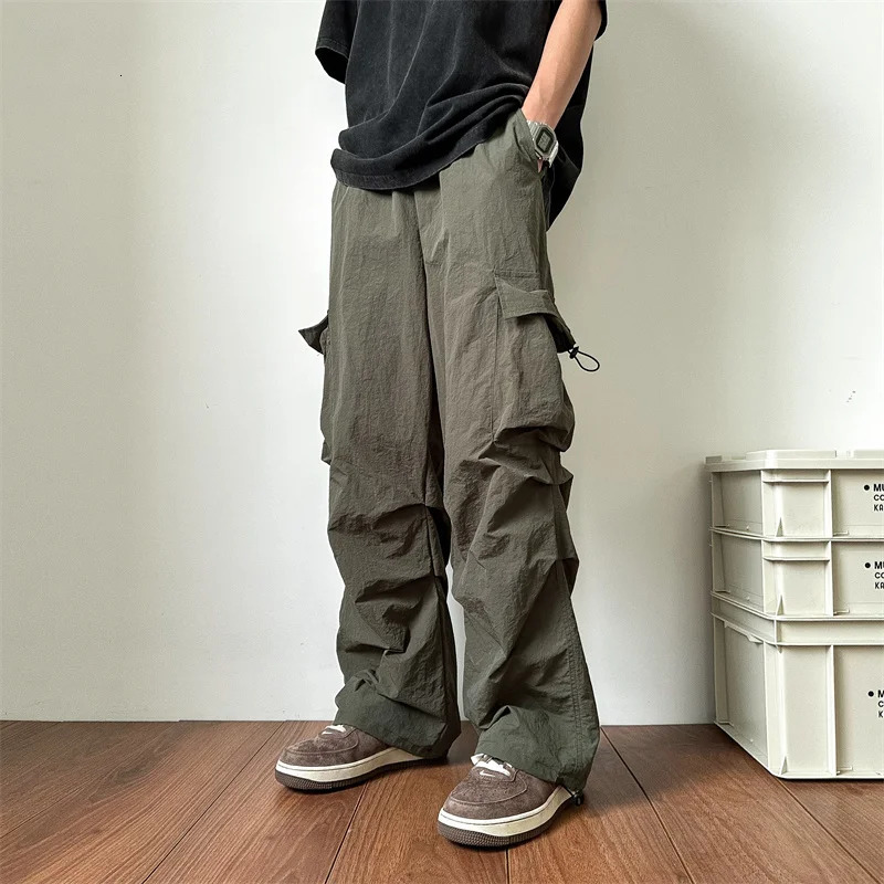 Summer Thin Pants Men Fashion Pocket Cargo Pants Men Japanese Streetwear Hip-hop Loose Straight Pants Mens Oversized Trousers 240422