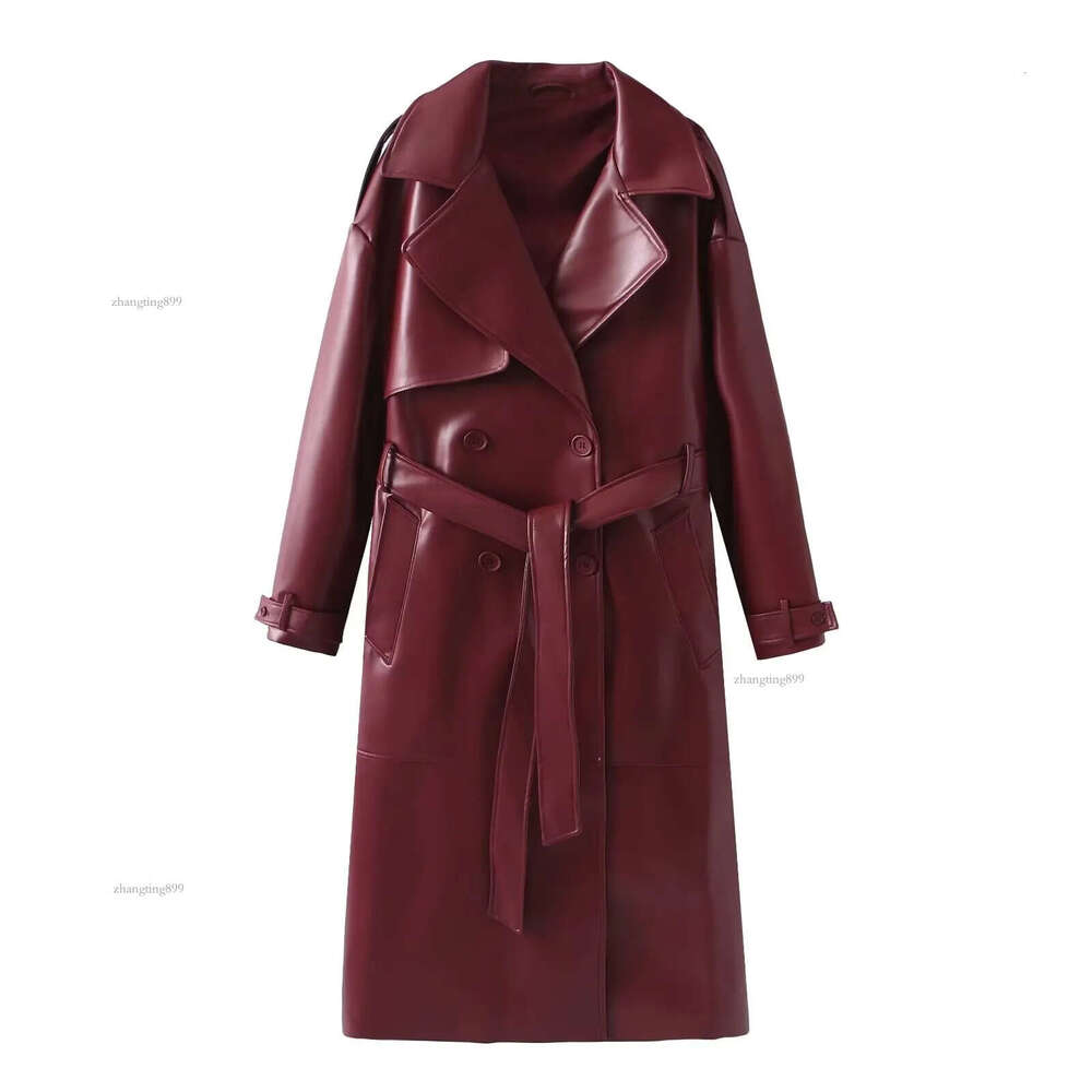 Women's Trench Coats 2024 Chic Burgundy Lace Up Oversized Leather Long Elegant Double Breasted Luxury Solid Jackets Lady Outerwear