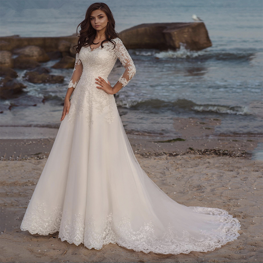 Wedding Dress Eleagnt Long Sleeves V Neck Lace Appliques A Line Tulle Sweep Train Bridal For Women Robe De Mariee Summer