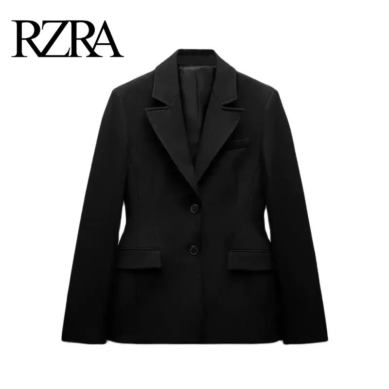 RZRA autumn and winter womens classic black flap pocket belt shoulder pad slim suit jacket temperament versatile 241121
