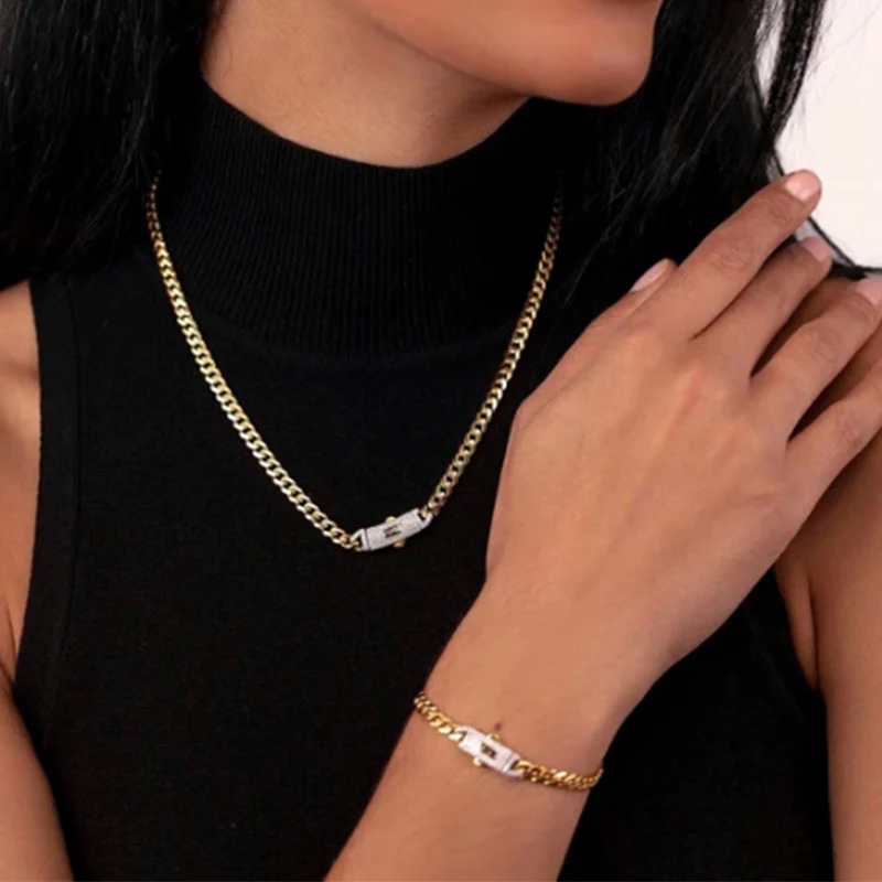 Monaco Long Lock Rectangular Zircon Set Cube Necklace Ice Crystal Small Crystal Zircon Chain Hip Hop Stone Jewelry 241122