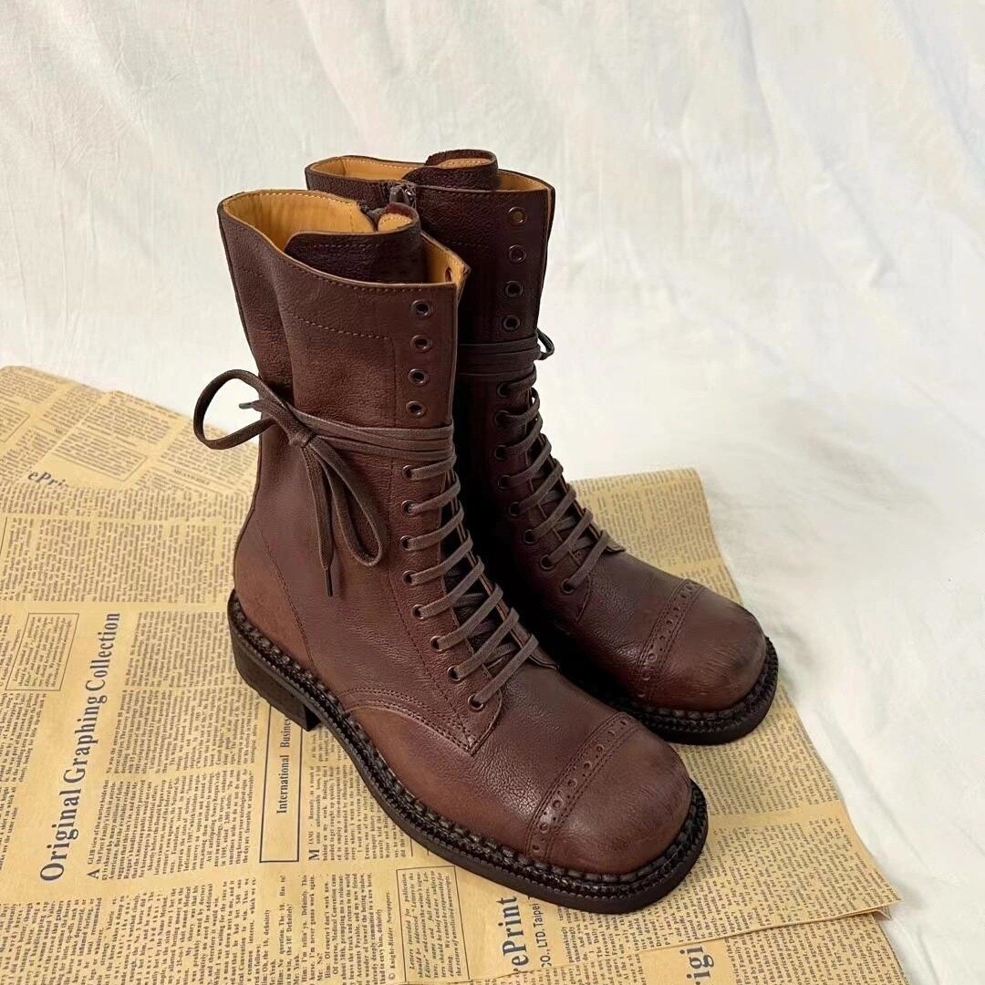 Women's Ankle Lace-up Girl Cowboy Motorcycle Trend New Rock Punk Fashion Low Heel Designer Shoes Round Toe Leather Boots 675f