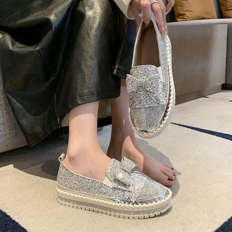 Luxury Designer Shoes Ladies Flat Sequined Sneakers Casual Women's Mesh bow Fine Diamond Sequins Platform Vulcanized Shoes High quality flat shoe