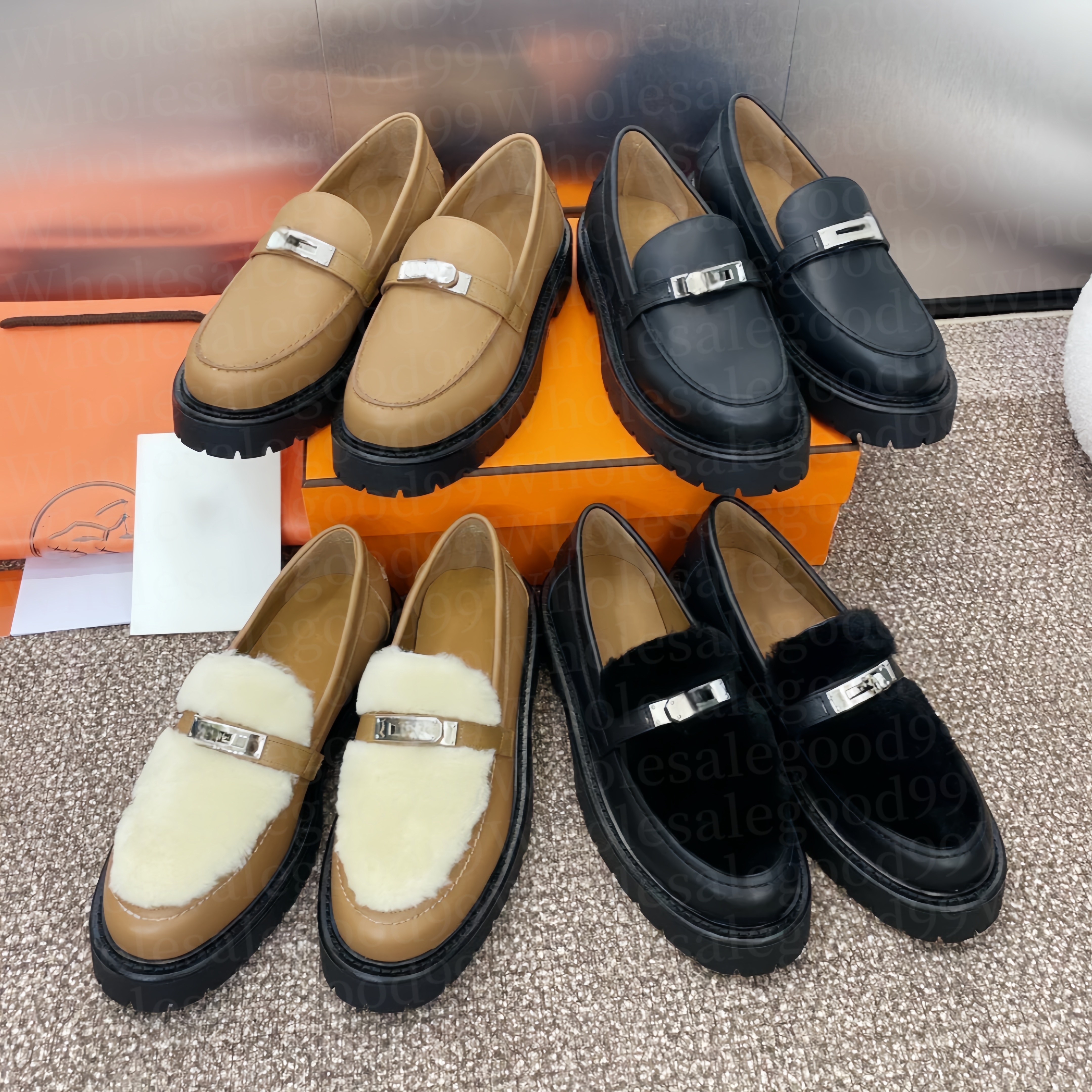 Free ship Designer 11 shoe prom Dress Shearling lcone Loafers Womens winter boot Leather wedge Fur slide Moccasins shoe high quality Luxury Casual Low platform shoes