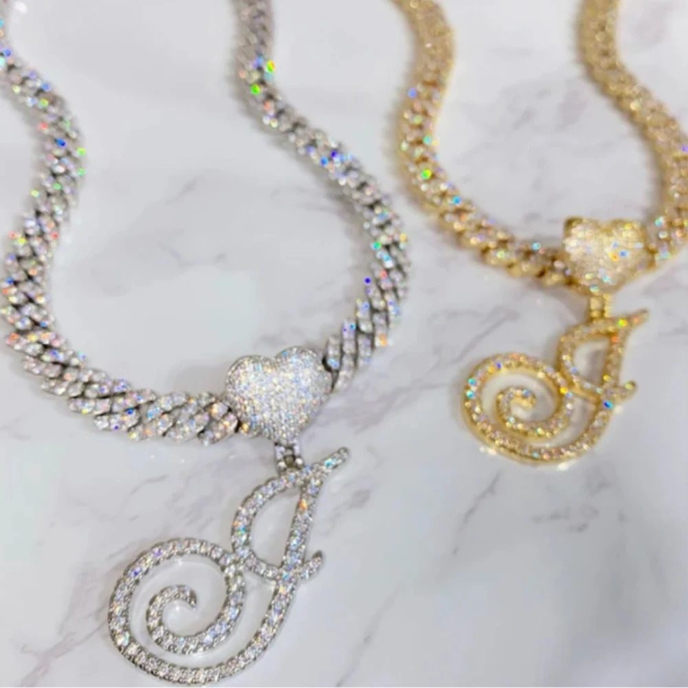 AZ Cursive Letter Heart Pendant Iced Out Cuban Necklace For Women Initial Zircon Link Chain Choker Hip hop Jewelry 241122