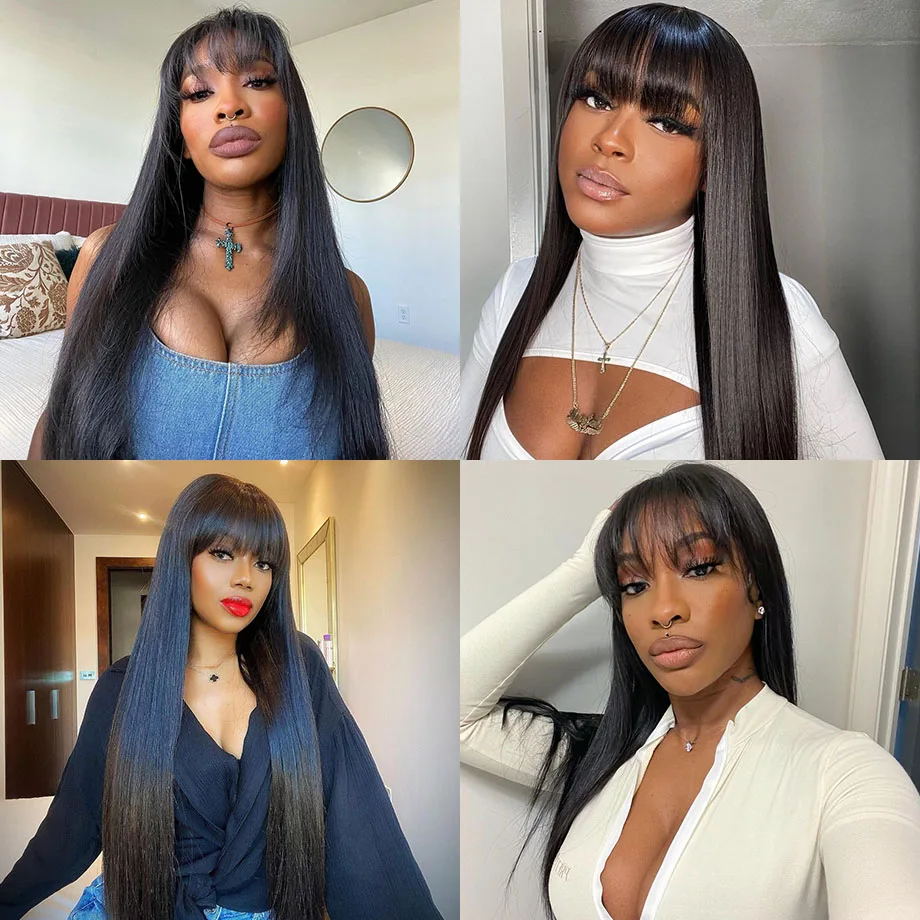 200density Straight Human Hair Wigs with Bangs NATURAL Brazilian Remy Human Hair Wigs Hair 28 Cheap Full Wigs for Women