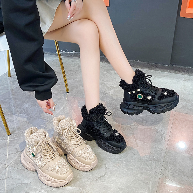 Winter Fashion Warm Shoes Crystal Metal Decorative Thick Soled Sports Shoes Women's Luxury Plush Warm BootsWomen's Luxury Velvet Warm Boots 