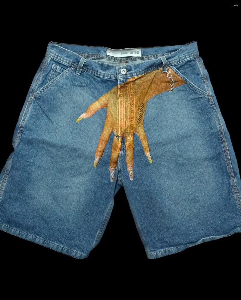 Men's Shorts Streetwear Shorts Y2K Pants Harajuku Hip Hop Finger Print Retro Blue Baggy Denim Gym Short Men Basketball Shorts Over Knee Pants