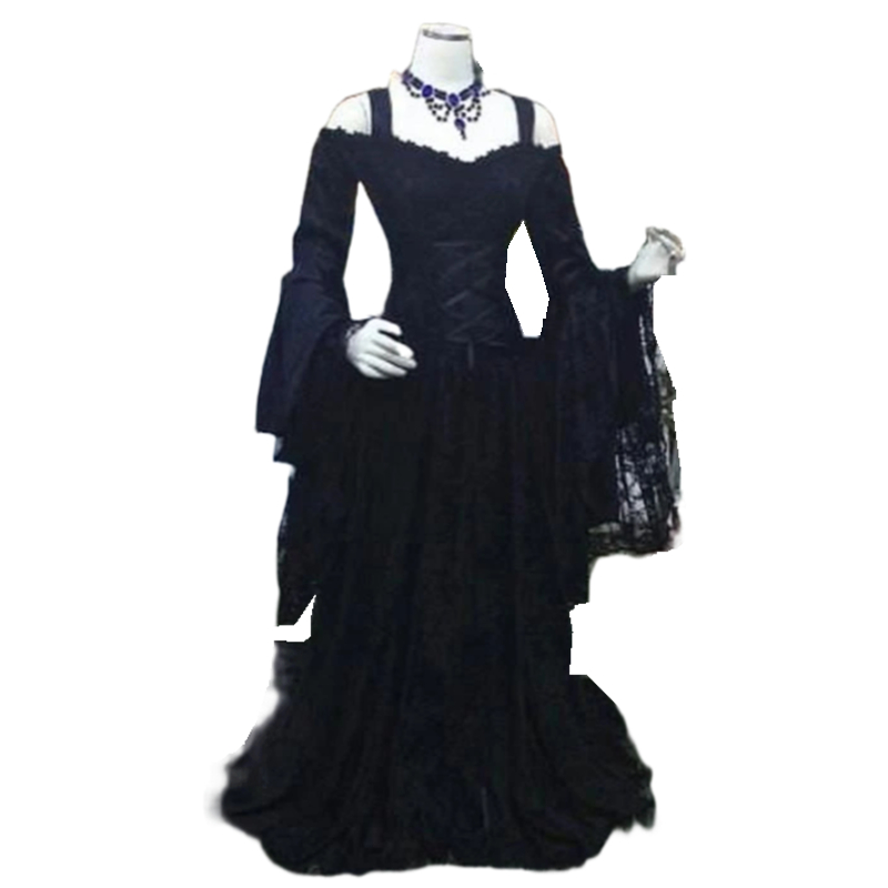 Gothic Black Lace Wedding Dresses Flare Long Sleeves Off Shoulder Corset Vintage Medieval Renaissance Victorian Bridal Gowns Fantasy Women Dress