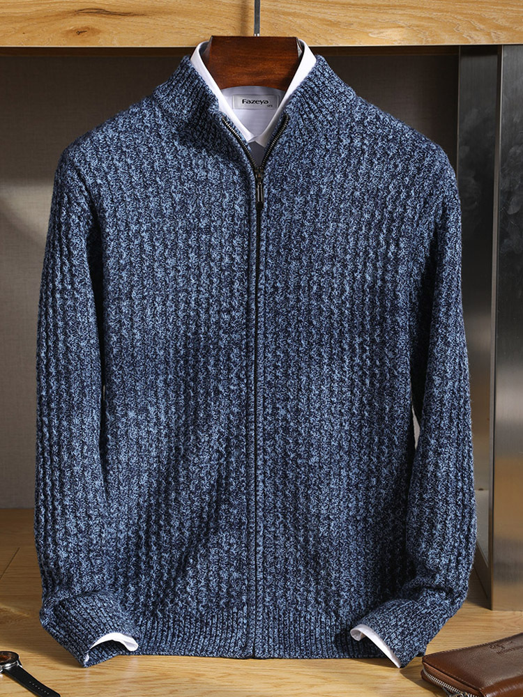 Men's 100% Wool Cardigan - Stand Collar Zipper Jacket, Jacquard Knit, Business Casual, Thick Sweater Coat