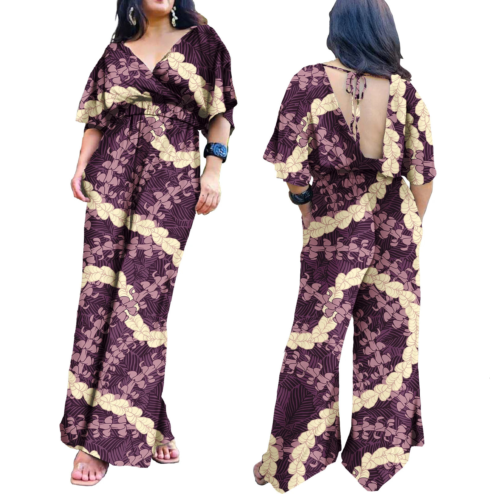 Polynesian Elei tribe ed womens oversized bodysuit custom casual suspension wide leg fitness printed jumpsuit 241118
