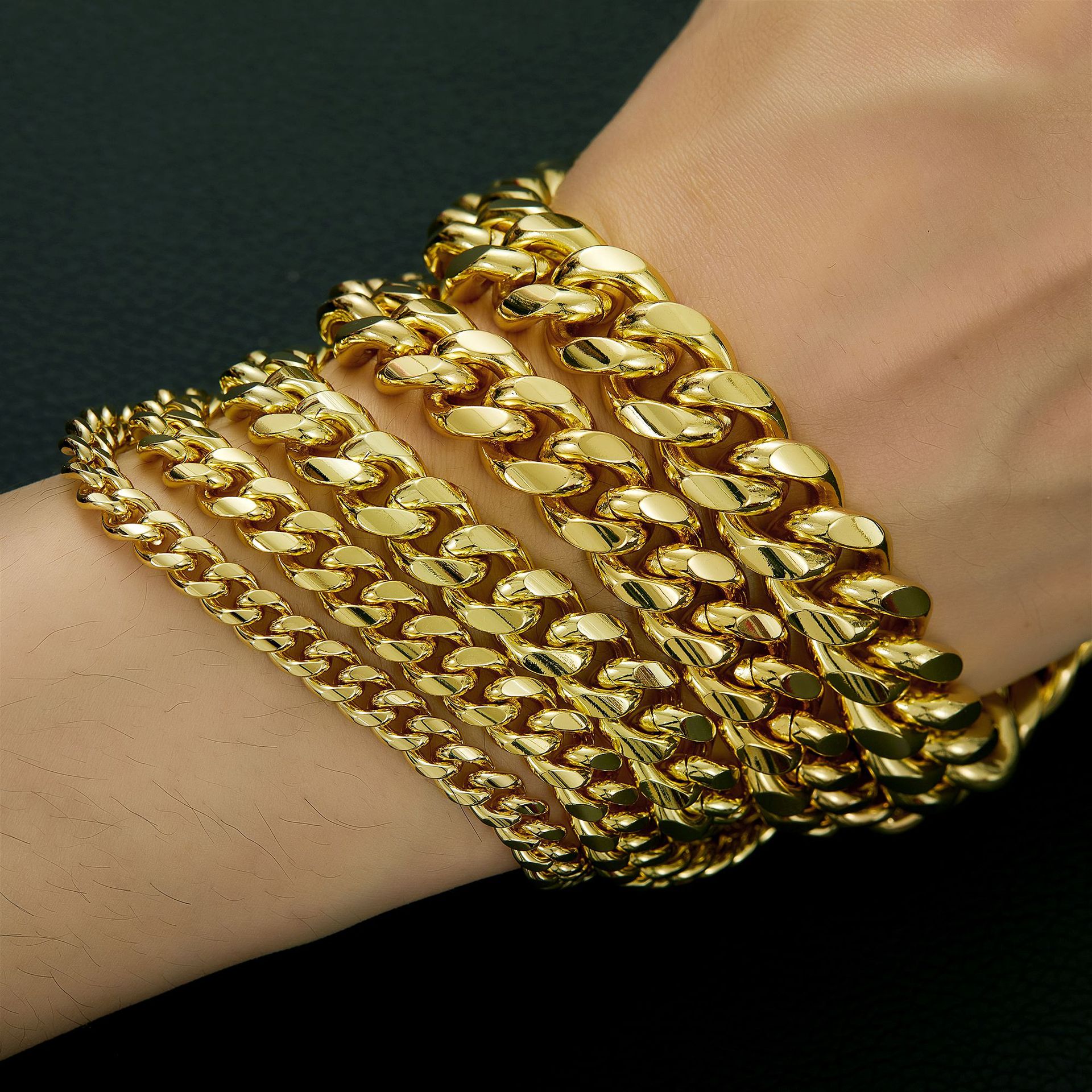 6-14mm Hip Hop Stainless Steel Miami Cuban Chain 14K Gold Plated Copper S Clasp