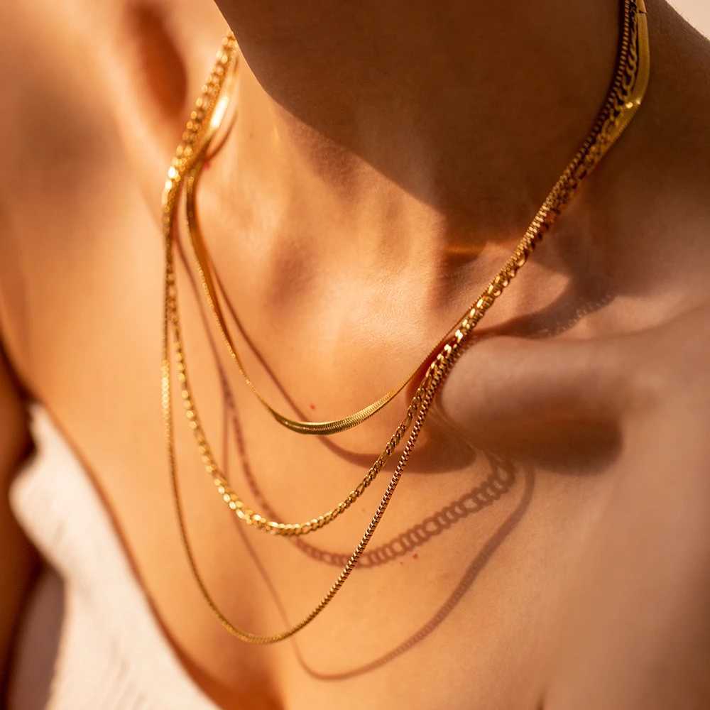 18K Gold Plated Stainl Steel Flat Snake Chain With Letter Triple Layered Necklace Vintage Luxury Women Tarnish-proof ChainX241123