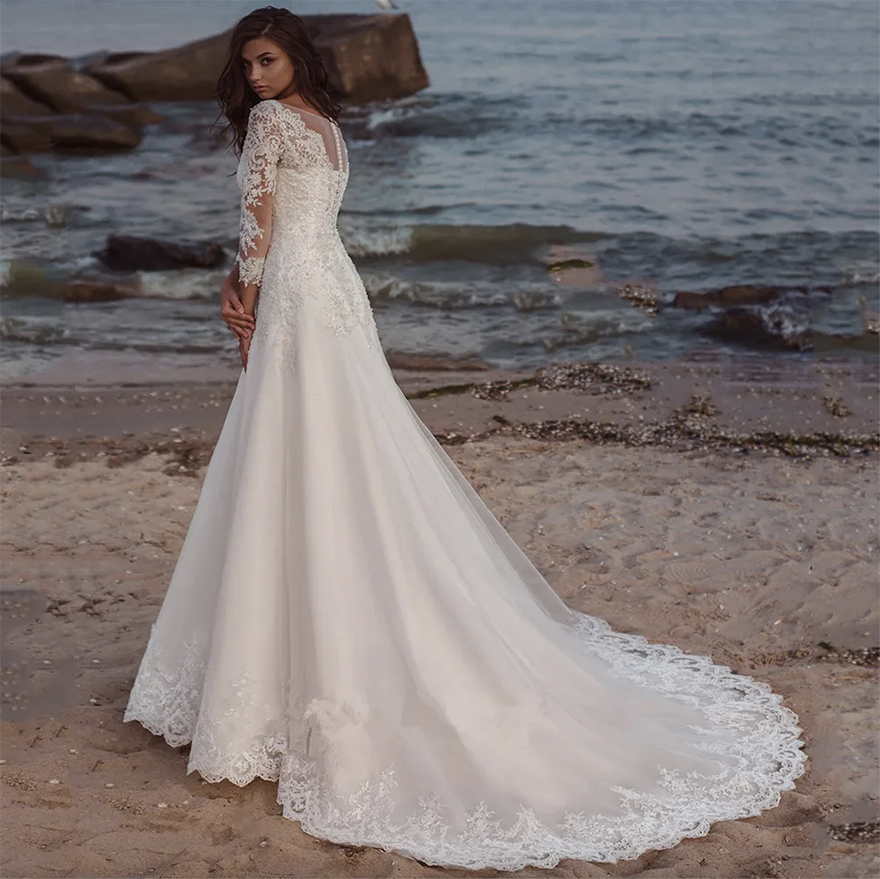 Wedding Dress Eleagnt Long Sleeves V Neck Lace Appliques A Line Tulle Sweep Train Bridal For Women Robe De Mariee Summer